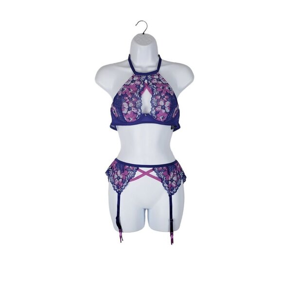 LoveHoney Set Halter Underwire Bra & Garter Purple Pink Floral OS One Size - Picture 1 of 8
